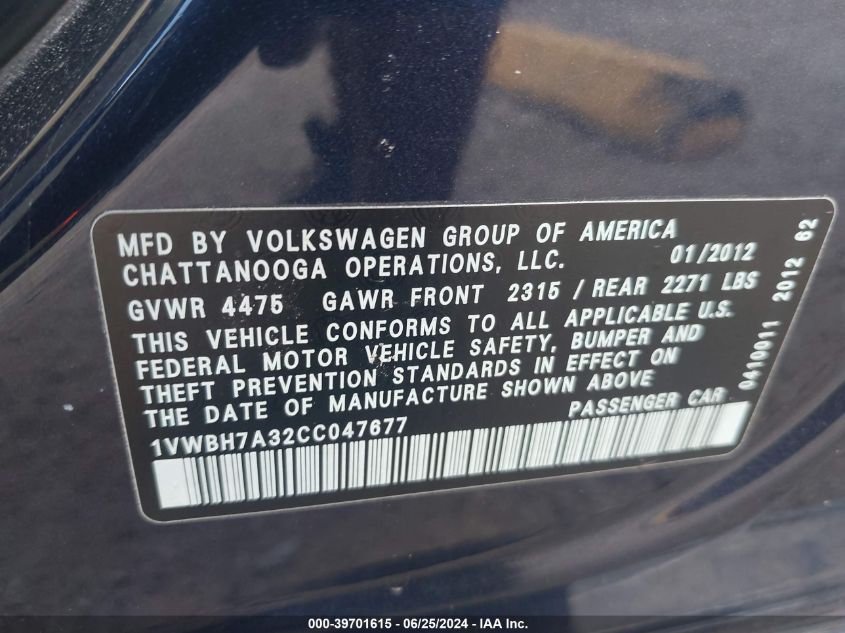 2012 Volkswagen Passat 2.5L Se VIN: 1VWBH7A32CC047677 Lot: 39701615