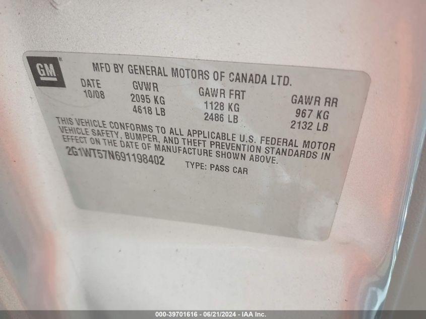 2009 Chevrolet Impala Lt VIN: 2G1WT57N691198402 Lot: 39701616