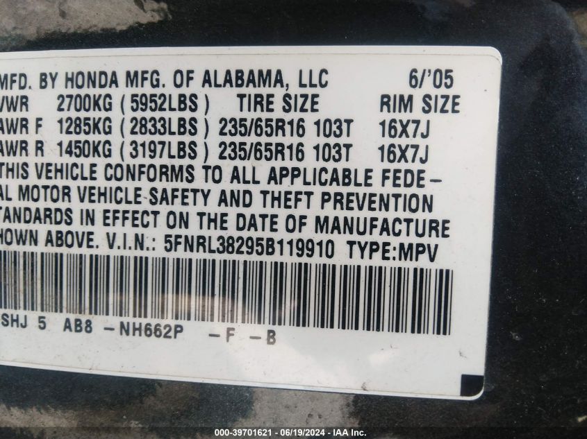 2005 Honda Odyssey Lx VIN: 5FNRL38295B119910 Lot: 39701621