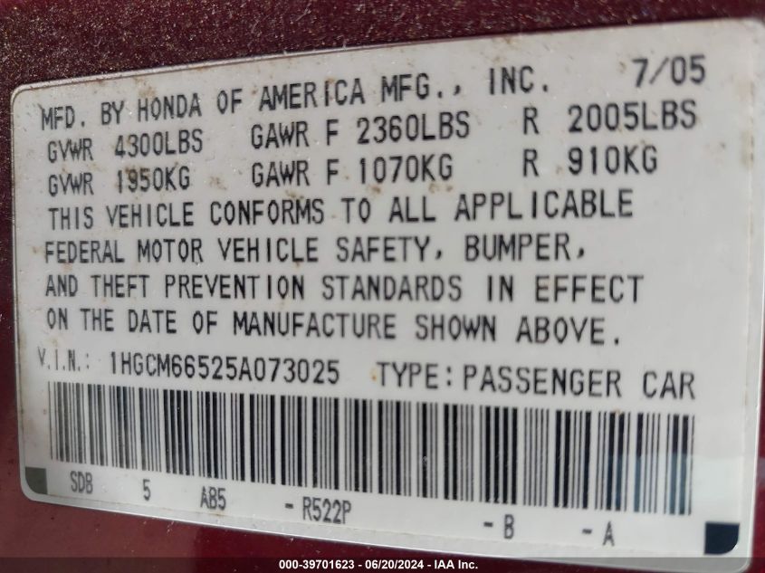 2005 Honda Accord 3.0 Ex VIN: 1HGCM66525A073025 Lot: 39701623