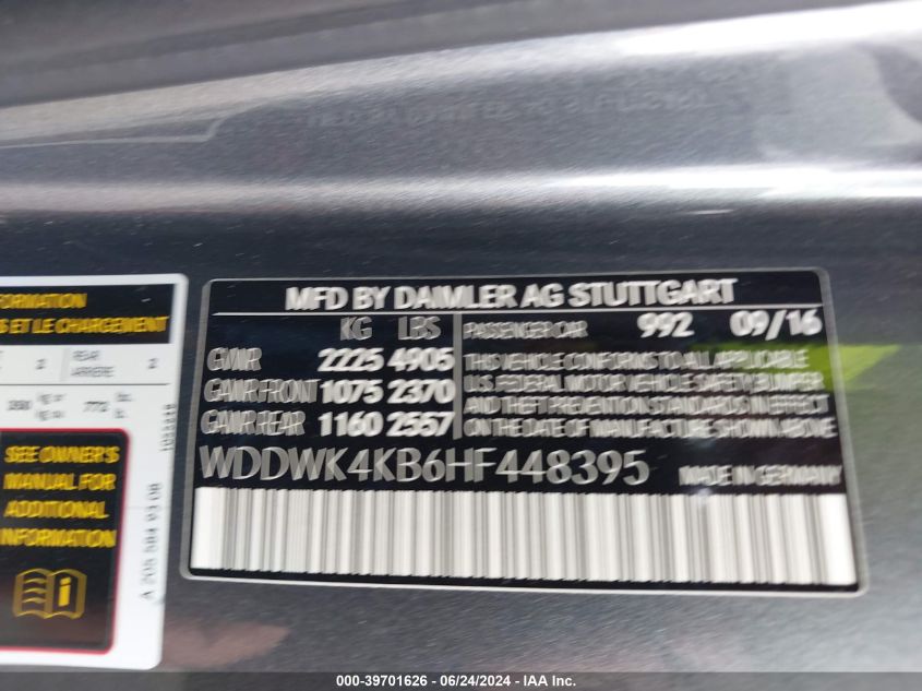 2017 Mercedes-Benz C 300 4Matic VIN: WDDWK4KB6HF448395 Lot: 39701626