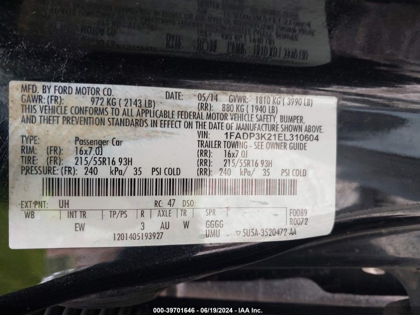 2014 Ford Focus Se VIN: 1FADP3K21EL310604 Lot: 39701646