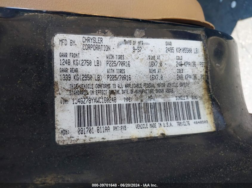 1998 Jeep Grand Cherokee Limited VIN: 1J4GZ78YXWC160248 Lot: 39701648