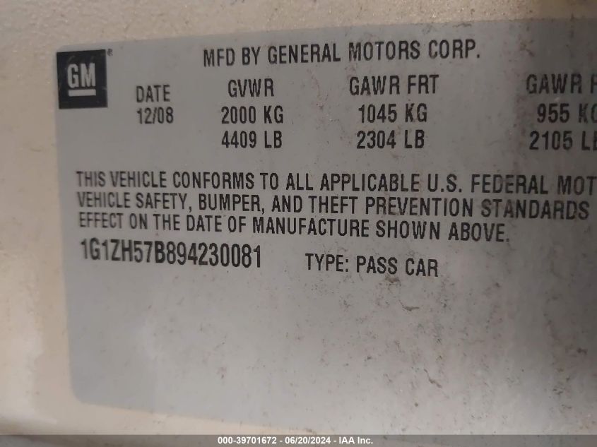 2009 Chevrolet Malibu 1Lt VIN: 1G1ZH57B894230081 Lot: 39701672