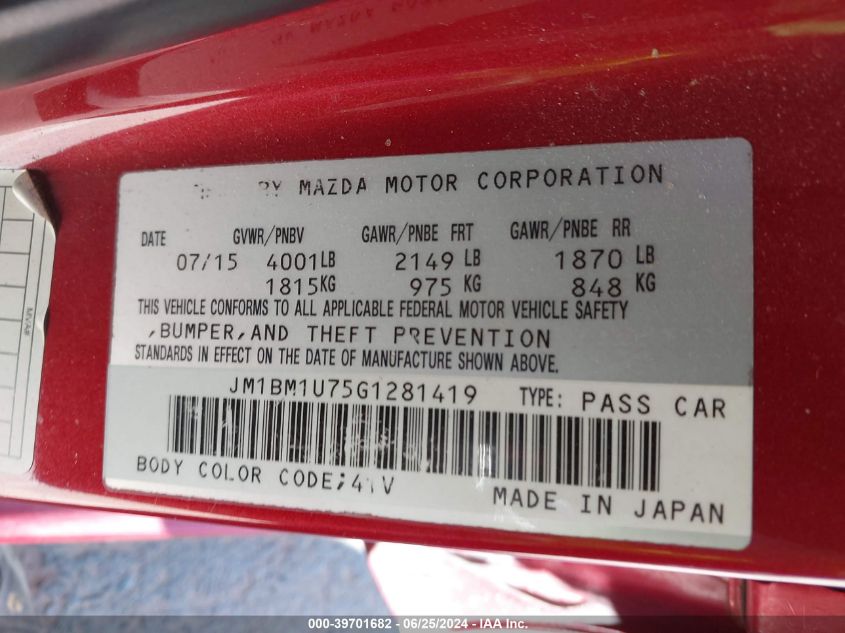 2016 Mazda Mazda3 Sport VIN: JM1BM1U75G1281419 Lot: 39701682