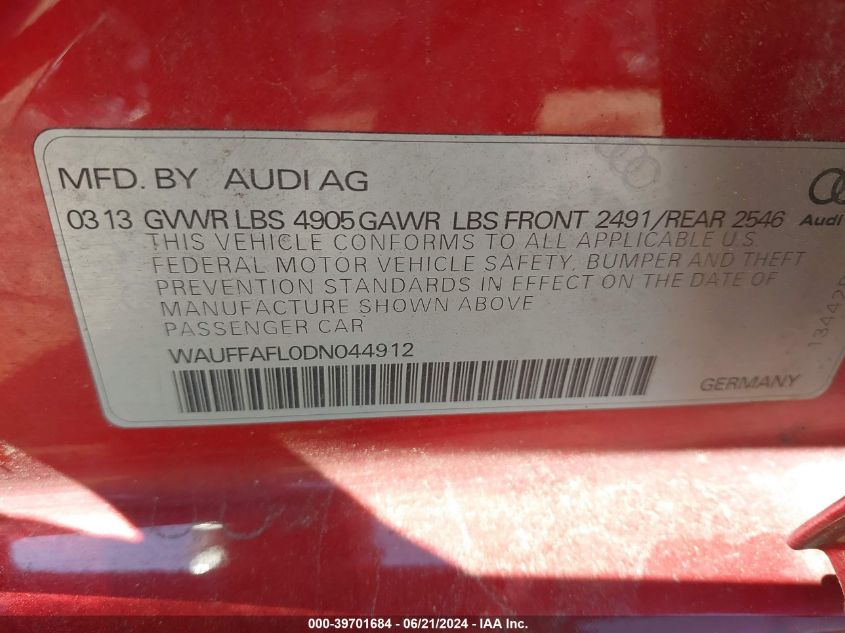 2013 Audi A4 2.0T Premium VIN: WAUFFAFL0DN044912 Lot: 39701684