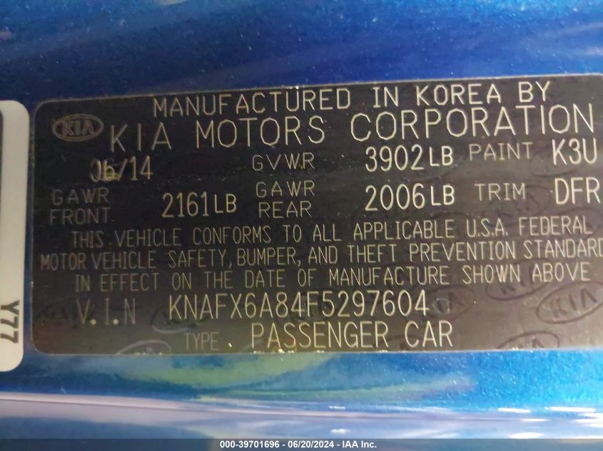 2015 Kia Forte Ex VIN: KNAFX6A84F5297604 Lot: 39701696