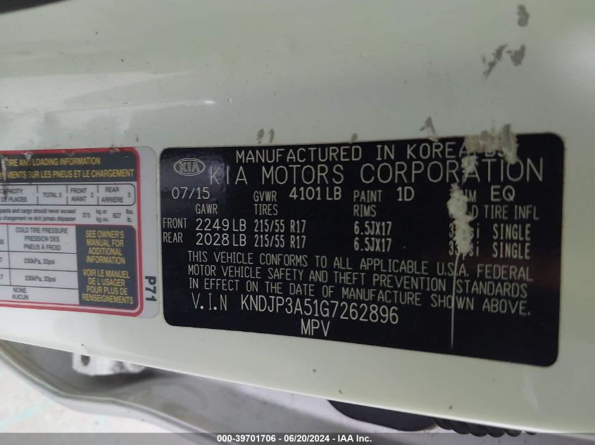 2016 Kia Soul + VIN: KNDJP3A51G7262896 Lot: 39701706