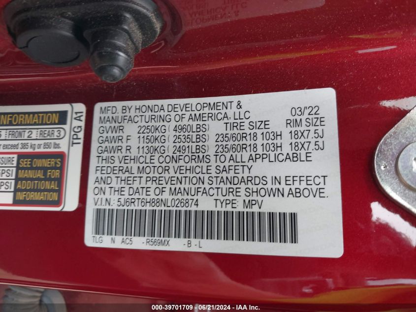 2022 Honda Cr-V Exl VIN: 5J6RT6H88NL026874 Lot: 39701709