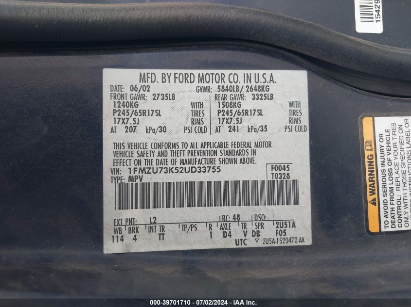 2002 Ford Explorer Xlt VIN: 1FMZU73K52UD33755 Lot: 39701710