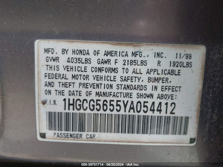 1HGCG5655YA054412 | 2000 HONDA ACCORD