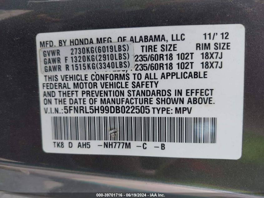 2013 Honda Odyssey Touring/Touring Elite VIN: 5FNRL5H99DB022505 Lot: 39701716