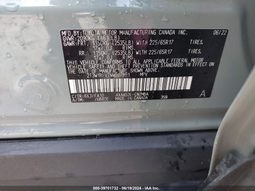 2022 Toyota Rav4 Xle VIN: 2T3W1RFV7NW207891 Lot: 39701732