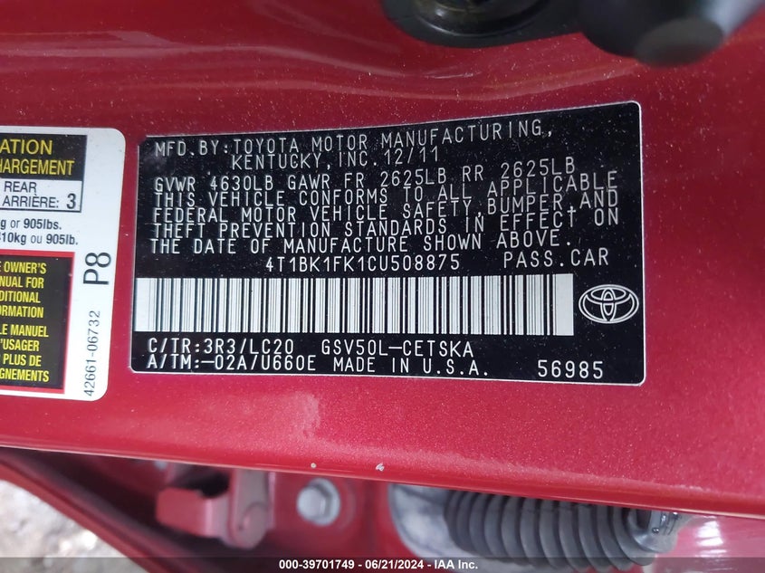 2012 Toyota Camry Se V6 VIN: 4T1BK1FK1CU508875 Lot: 39701749