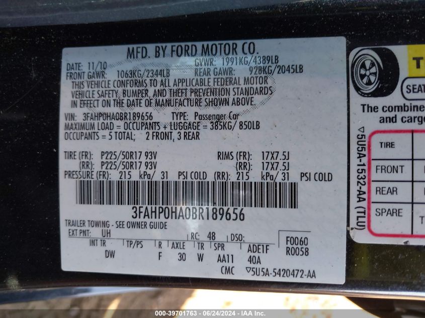 2011 Ford Fusion Se VIN: 3FAHP0HA0BR189656 Lot: 39701763