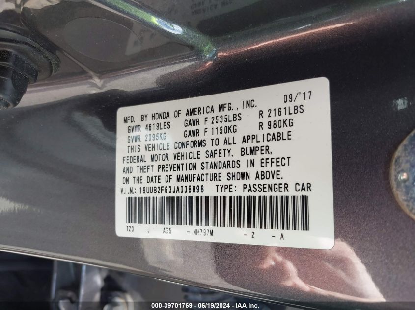 2018 Acura Tlx Tech A-Spec Pkgs VIN: 19UUB2F63JA008898 Lot: 39701769