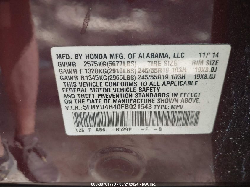 2015 Acura Mdx Technology VIN: 5FRYD4H40FB021543 Lot: 39701770