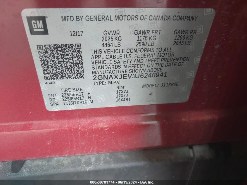 2018 Chevrolet Equinox Lt VIN: 2GNAXJEV3J6246941 Lot: 39701774