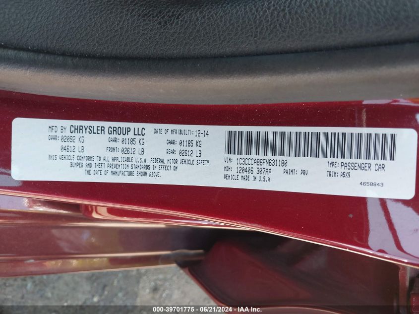 2015 Chrysler 200 Limited VIN: 1C3CCCAB6FN631180 Lot: 39701775