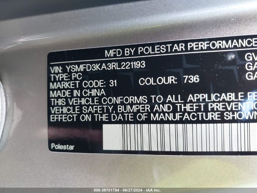 2024 Polestar 2 Long Range Dual Motor/Long Range Dual Motor Plus VIN: YSMFD3KA3RL221193 Lot: 39701784