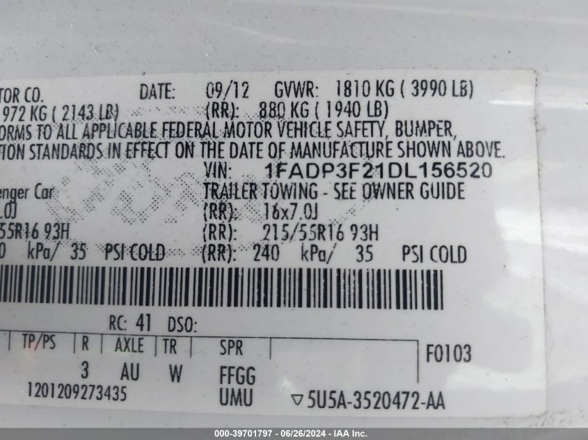 2013 Ford Focus Se VIN: 1FADP3F21DL156520 Lot: 39701797