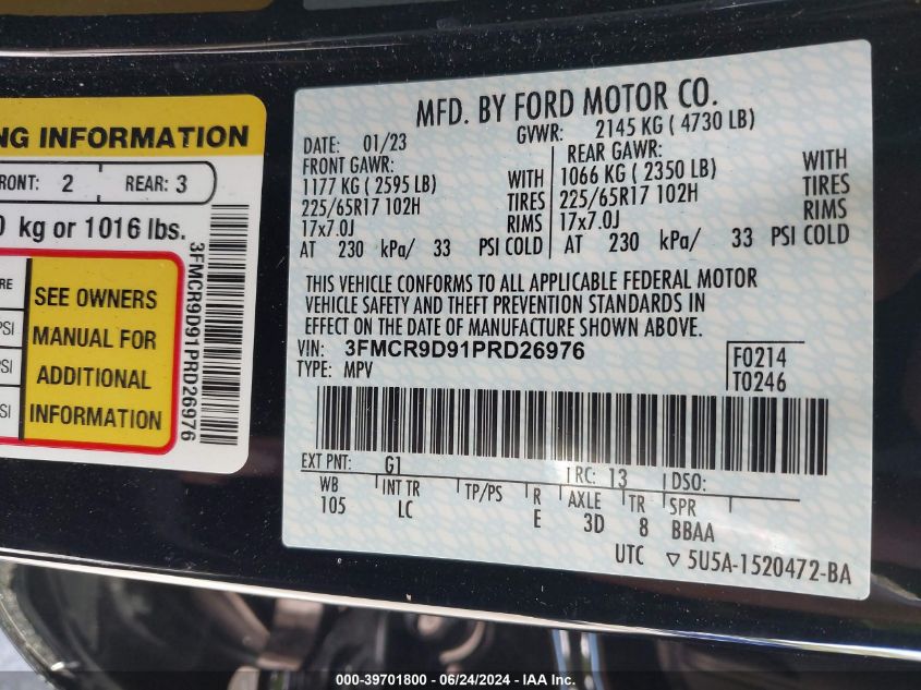 2023 Ford Bronco Sport Badlands VIN: 3FMCR9D91PRD26976 Lot: 39701800