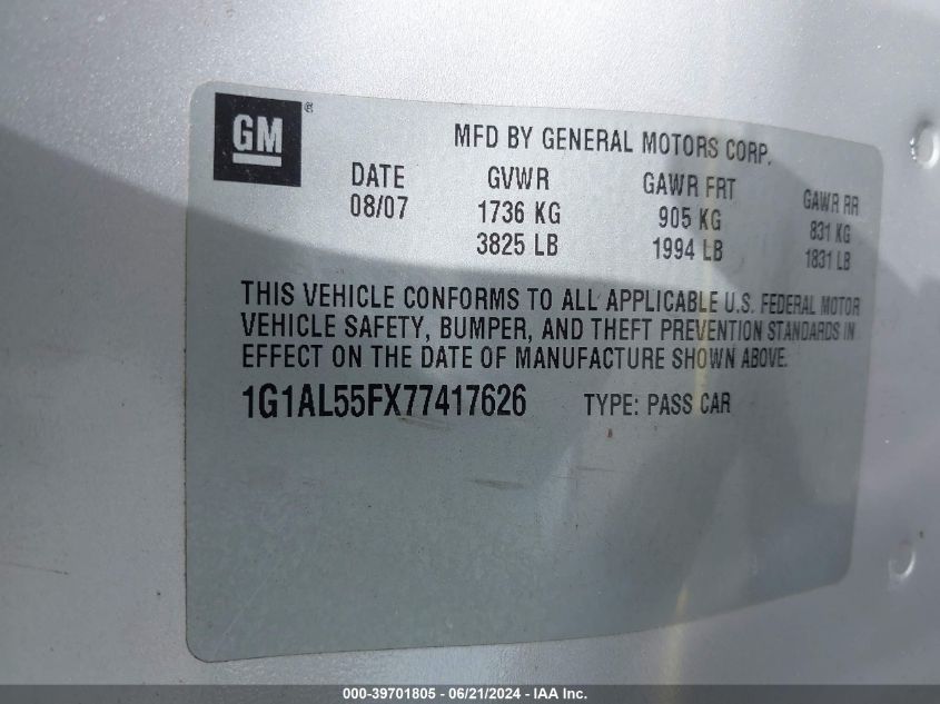 2007 Chevrolet Cobalt Lt VIN: 1G1AL55FX77417626 Lot: 39701805