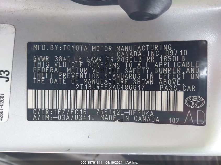 2010 Toyota Corolla Le VIN: 2T1BU4EE2AC486617 Lot: 39701811