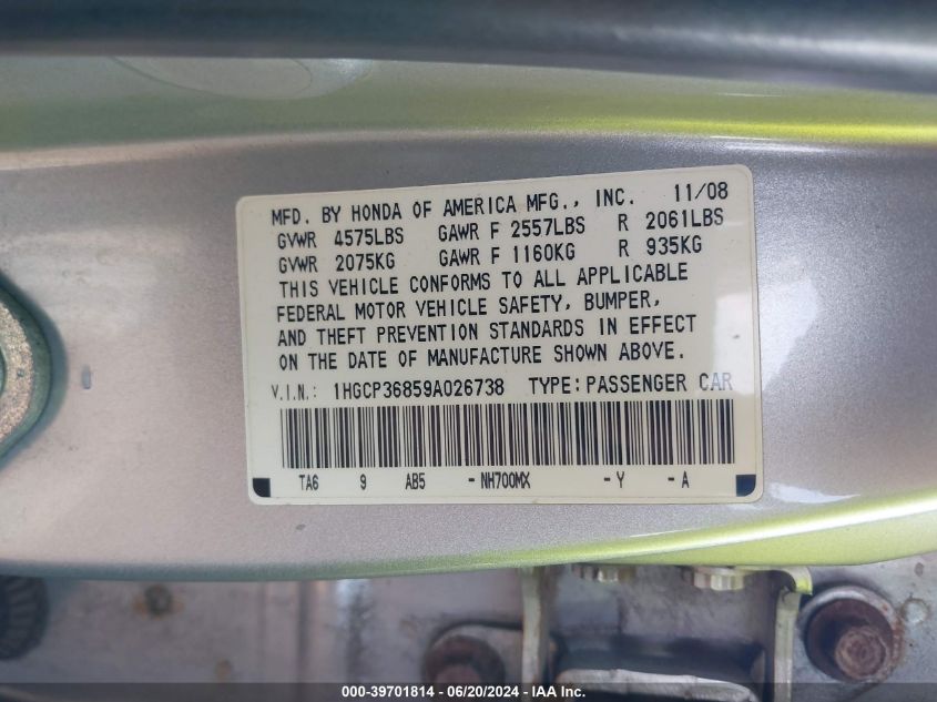 2009 Honda Accord Exl VIN: 1HGCP36859A026738 Lot: 39701814