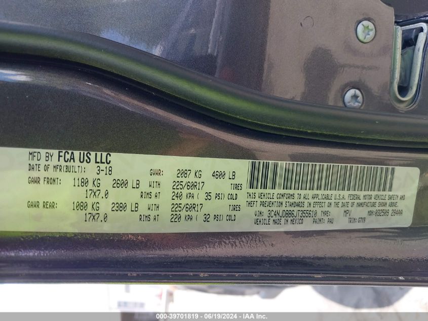 2018 Jeep Compass Latitude 4X4 VIN: 3C4NJDBB6JT355610 Lot: 39701819