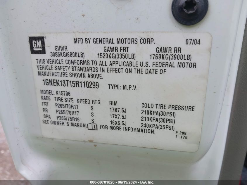2005 Chevrolet Tahoe Z71 VIN: 1GNEK13T15R110299 Lot: 39701820