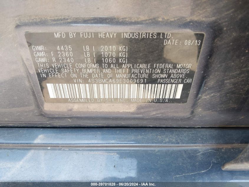 2014 Subaru Legacy 2.5I VIN: 4S3BMCA69E3009691 Lot: 39701828