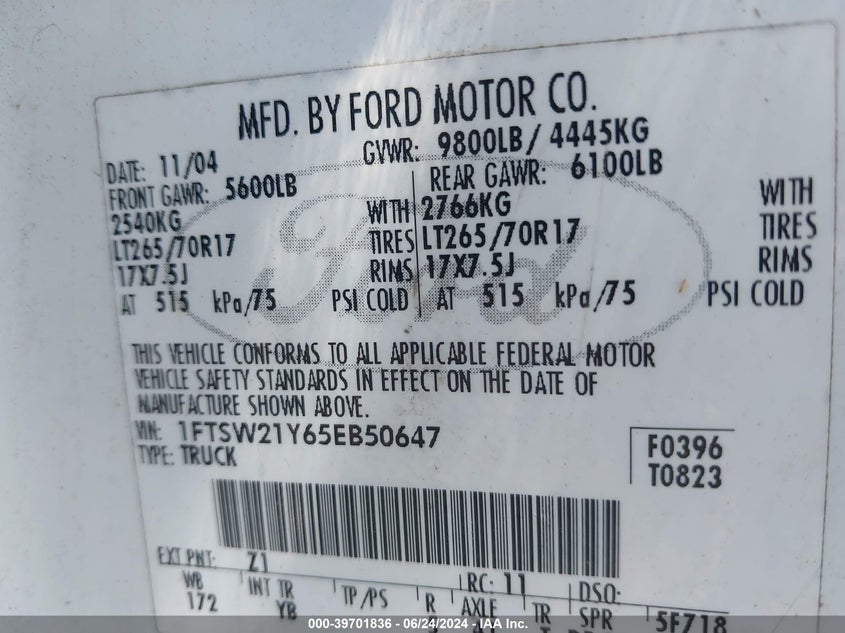 2005 Ford F-250 Lariat/Xl/Xlt VIN: 1FTSW21Y65EB50647 Lot: 39701836