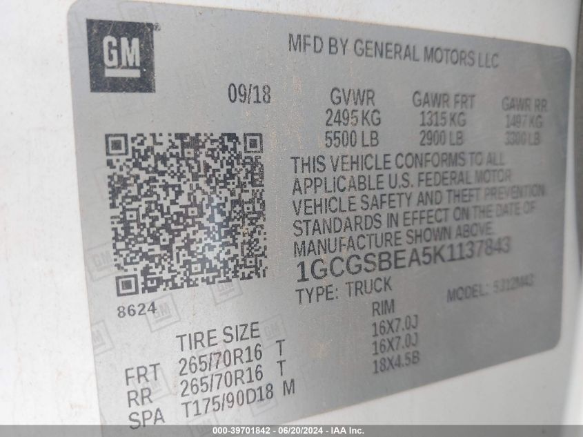 2019 Chevrolet Colorado VIN: 1GCGSBEA5K1137843 Lot: 39701842