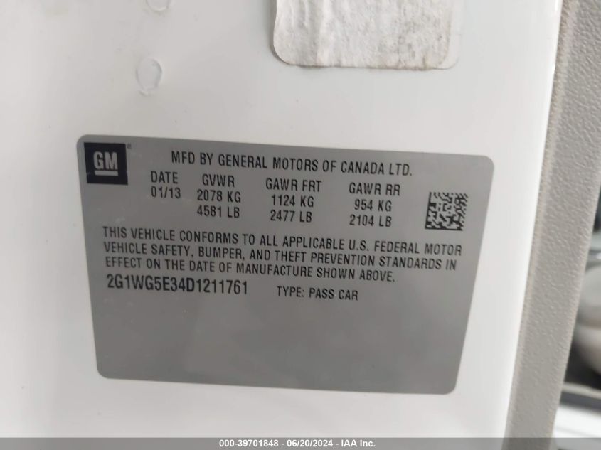 2013 Chevrolet Impala Lt VIN: 2G1WG5E34D1211761 Lot: 39701848