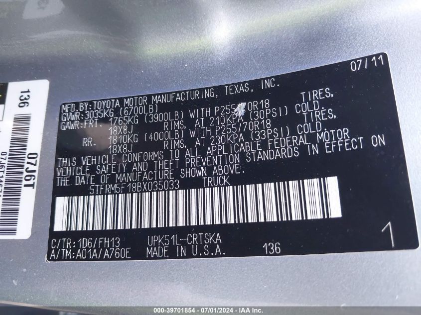 2011 Toyota Tundra Grade 4.6L V8 VIN: 5TFRM5F18BX035033 Lot: 39701854