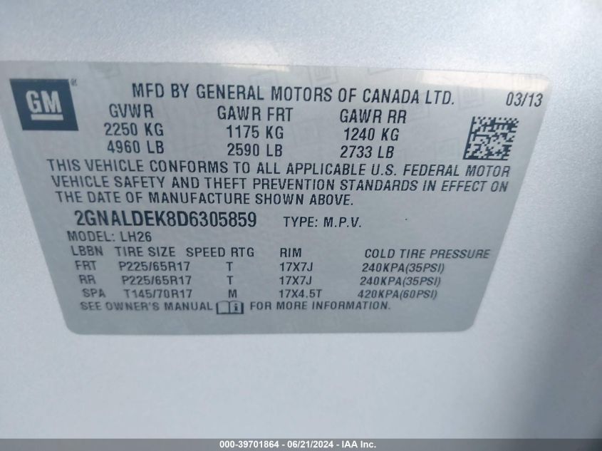 2013 Chevrolet Equinox 1Lt VIN: 2GNALDEK8D6305859 Lot: 39701864