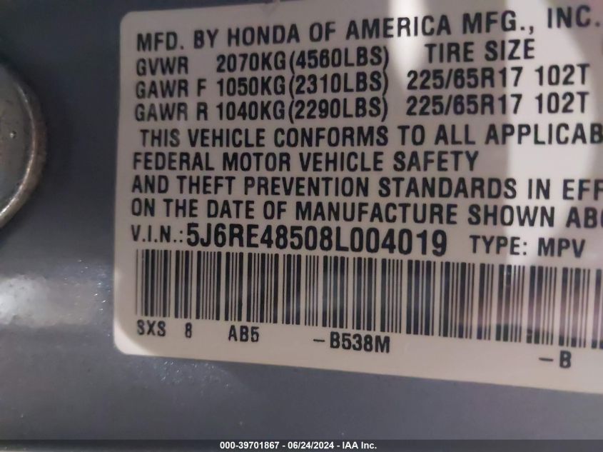2008 Honda Cr-V Ex VIN: 5J6RE48508L004019 Lot: 39701867