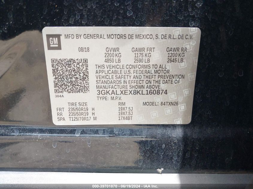 2019 GMC Terrain Denali VIN: 3GKALXEX8KL160874 Lot: 39701870