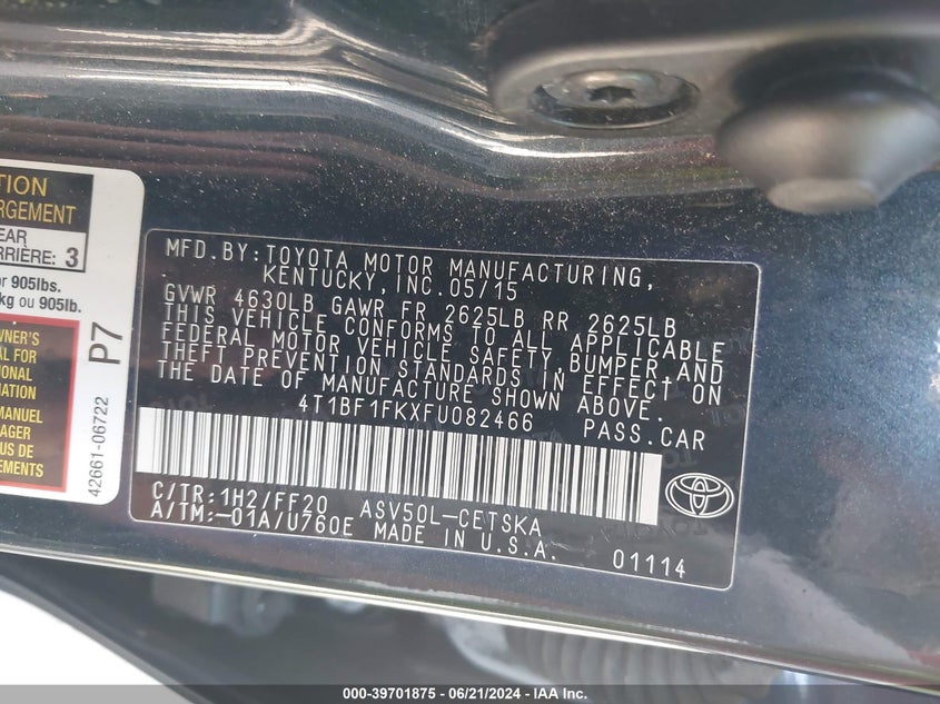 2015 Toyota Camry VIN: 4T1BFKXFU082466 Lot: 39701875