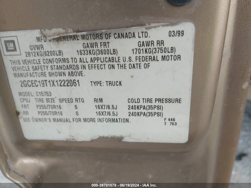 1999 Chevrolet Silverado 1500 Ls VIN: 2GCEC19T1X1222061 Lot: 39701878