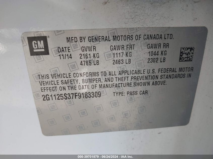 2015 Chevrolet Impala 2Lt VIN: 2G1125S37F9183309 Lot: 39701879