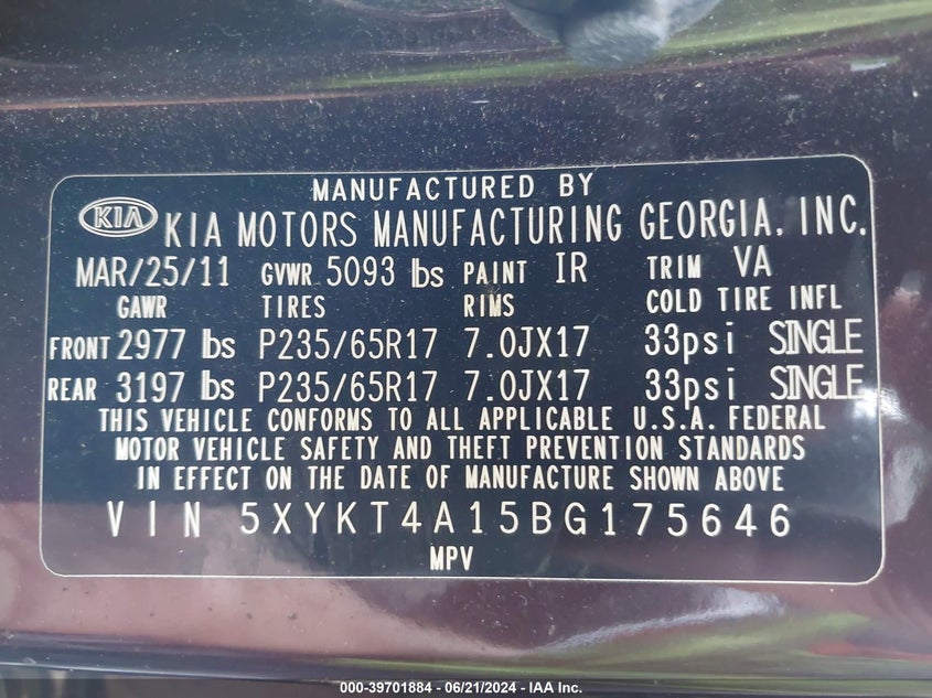 2011 Kia Sorento Lx VIN: 5XYKT4A15BG175646 Lot: 39701884