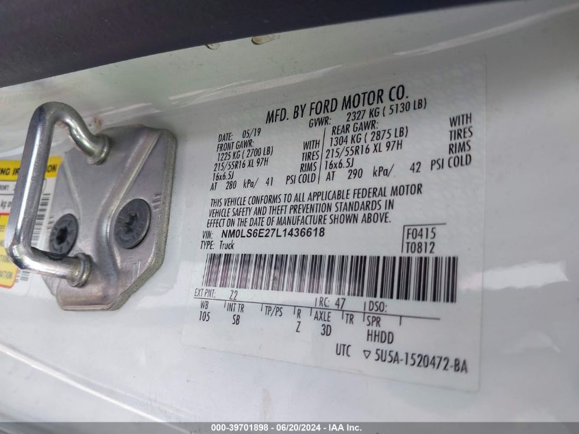 2020 Ford Transit Connect Xl VIN: NM0LS6E27L1436618 Lot: 39701898