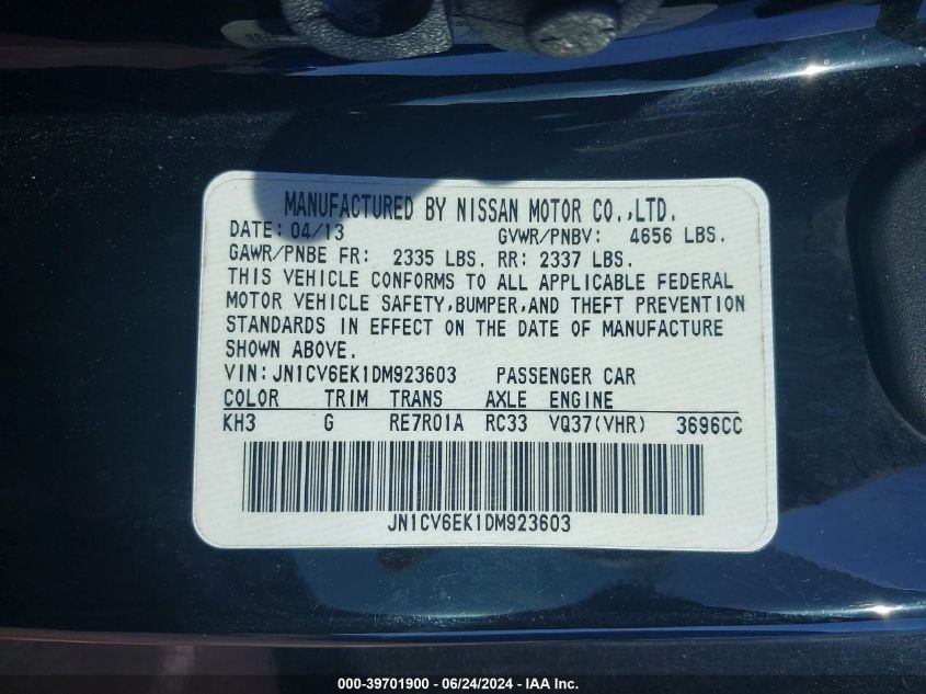 2013 Infiniti G37 Journey VIN: JN1CV6EK1DM923603 Lot: 39701900