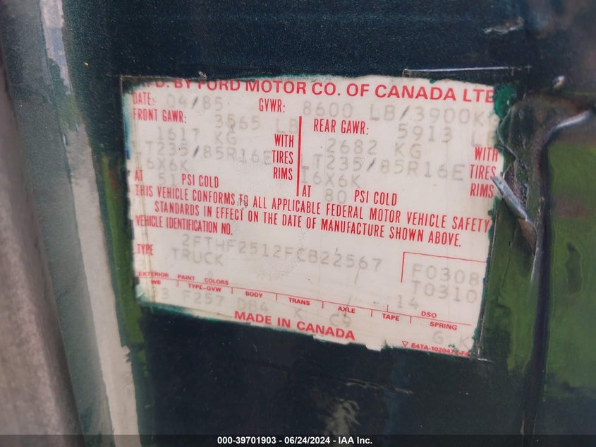 1985 Ford F250 VIN: 2FTHF2512FCB22567 Lot: 39701903