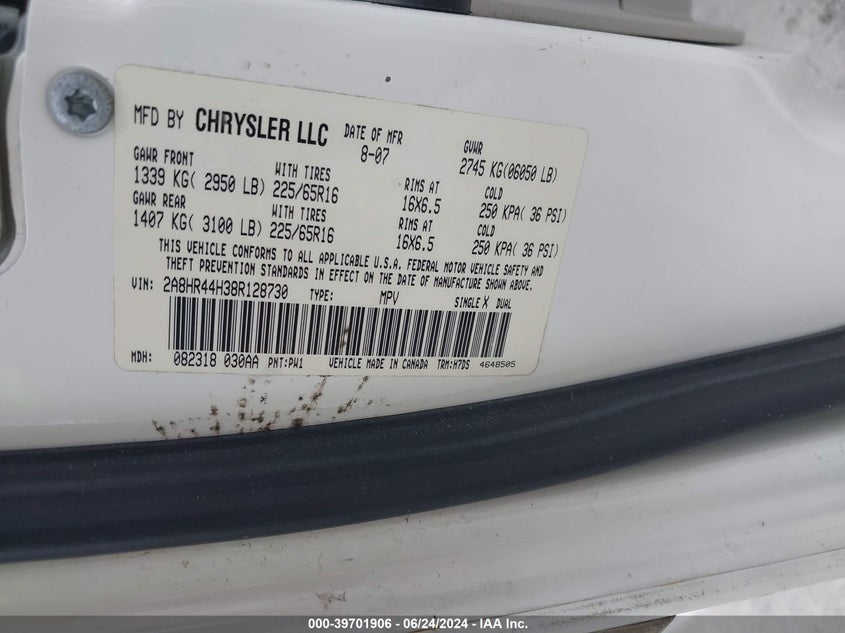 2008 Chrysler Town & Country Lx VIN: 2A8HR44H38R128730 Lot: 39701906