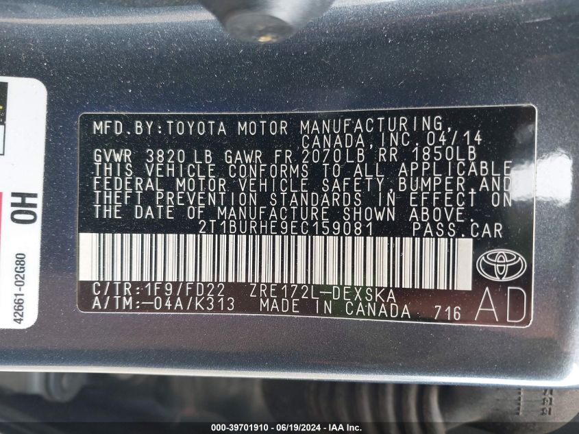 2014 TOYOTA COROLLA S PLUS - 2T1BURHE9EC159081