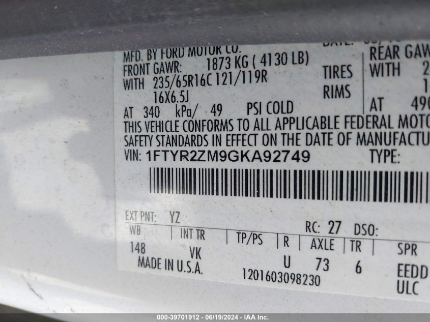 2016 Ford Transit-250 VIN: 1FTYR2ZM9GKA92749 Lot: 39701912