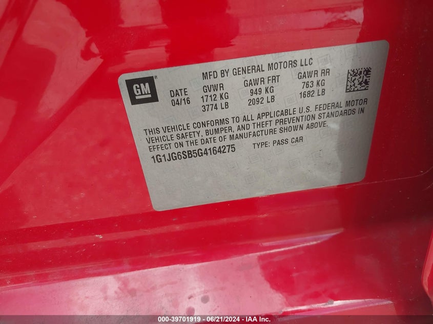 2016 CHEVROLET SONIC RS - 1G1JG6SB5G4164275